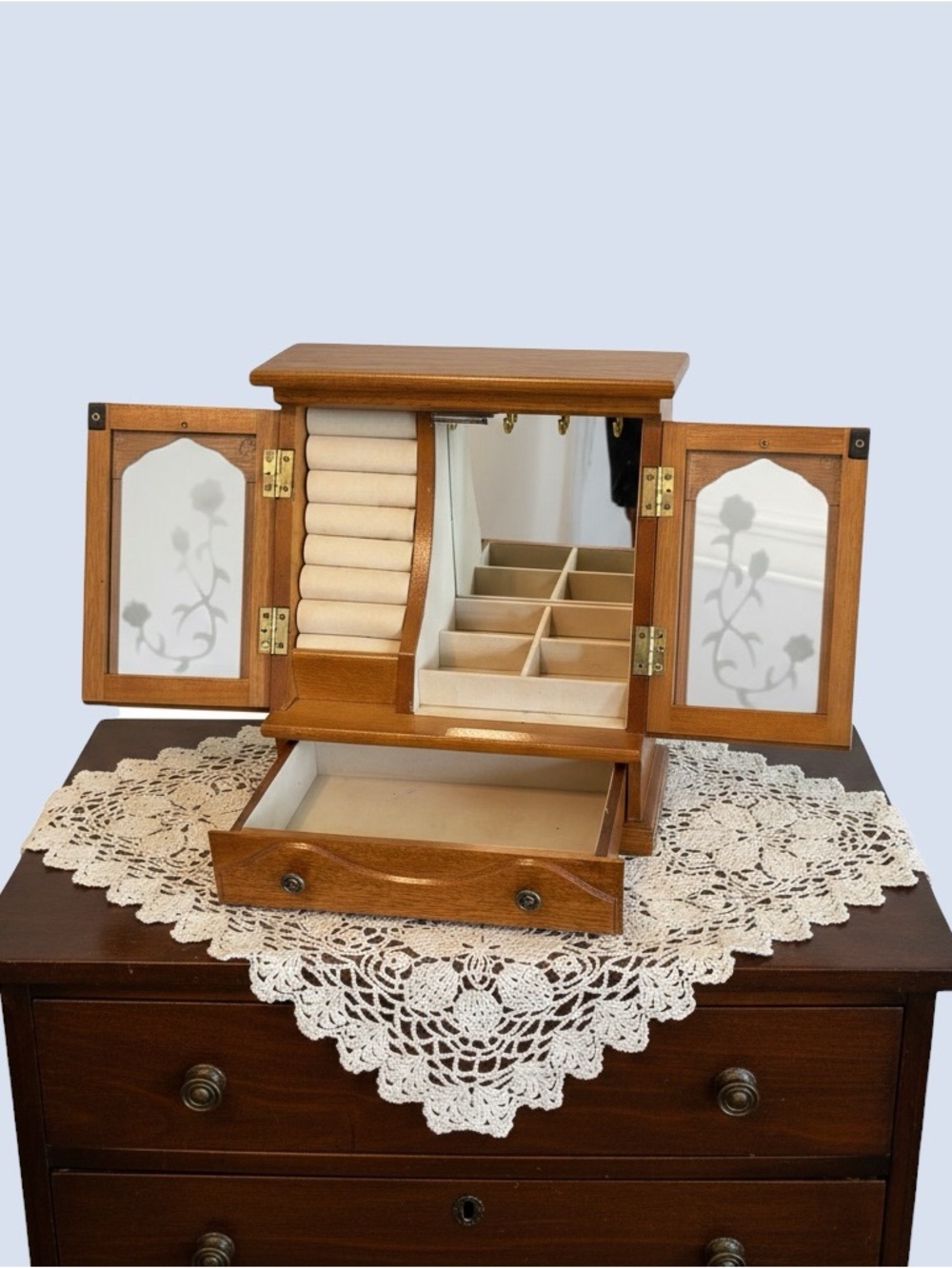 Vintage Wood Etched Glass Doors Jewelry Case Box Chest